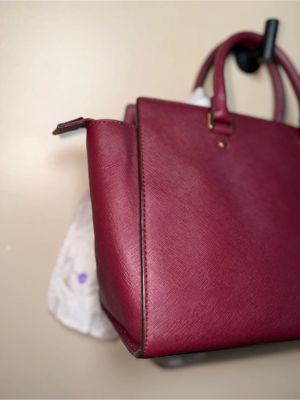 Michael Kors Wine Saffiano Leather Satchel with Scarf Accent